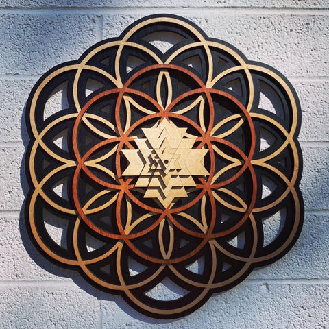 Flower of Life, Seed of Life, Sri Yantra Wall Art 17.5" (Black Base) - Radiant Hearts