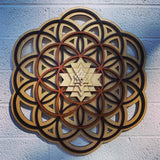 Flower of Life, Seed of Life, Sri Yantra Wall Art 17.5" (Natural Base) - Radiant Hearts