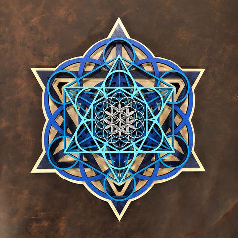 Sacred Cube Mandala Wall Art (Blue and Natural) Sacred Geometry - Radiant Hearts