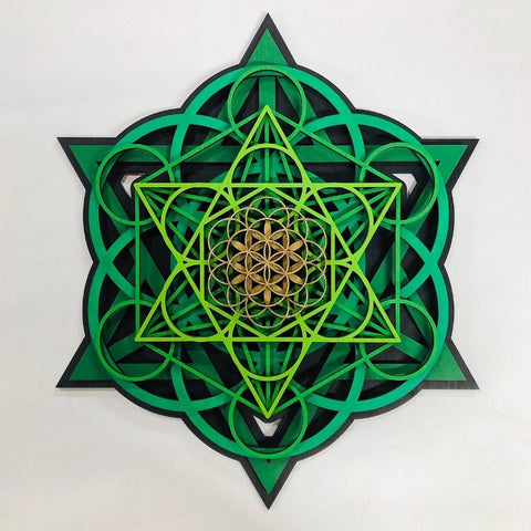 Sacred Cube Mandala Wall Art (Green, Gold, Black) Sacred Geometry - Radiant Hearts