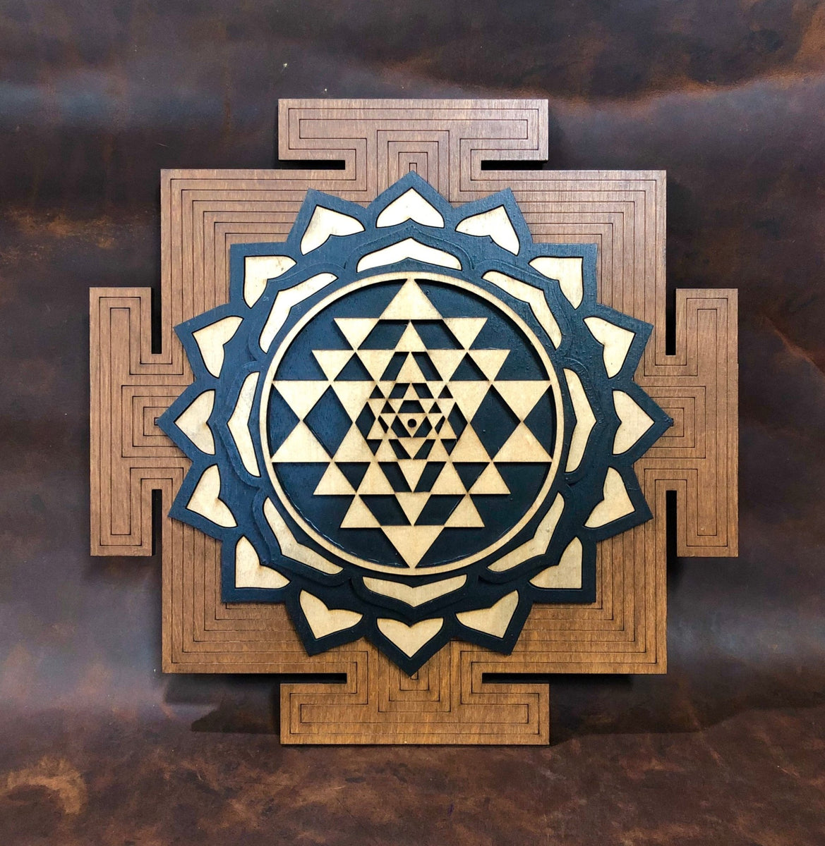 Layered natural, black and brown Sri Yantra wall art by Radiant Hearts